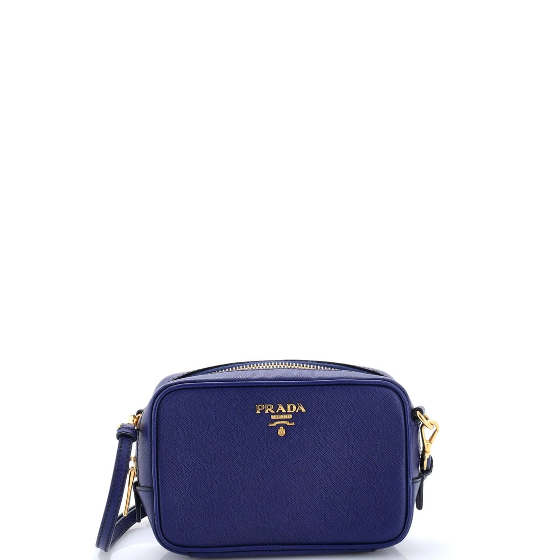 Prada Saffiano Leather Zip Crossbody Mini Bag: Prada Saffiano Leather Zip Crossbody Mini Bag The Prada Saffiano Leather Zip Crossbody Mini Bag boasts a sleek blue exterior with gold hardware, adding a touch of sophistication to any outfit. With it