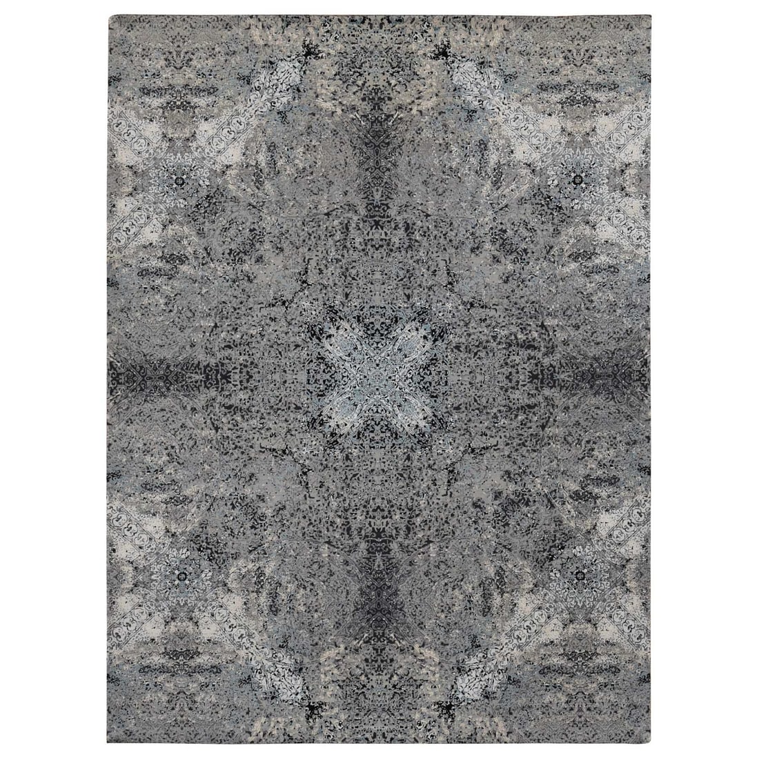 Rug Gray Wool and Silk Hand Knotted Salt Pepper Design 9 1 x 12 2: Rug Gray Wool and Silk Hand Knotted Salt Pepper Design 9 1 x 12 2 Hand-knotted with wool and silk, this stunning rug boasts an intricate oriental design in a soothing gray color. Featuring a rectangul
