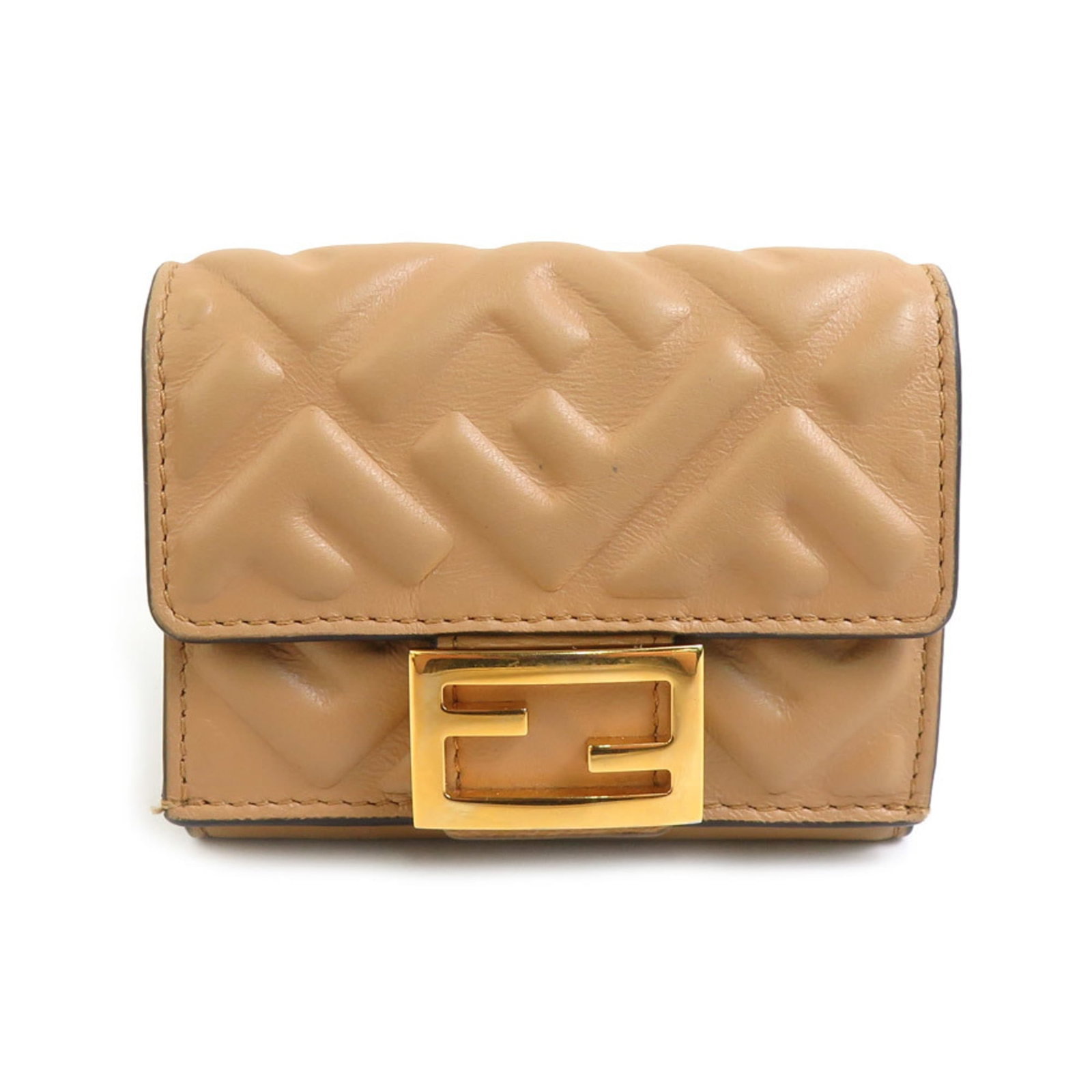 Fendi Wallet (Tri-Fold) Leather: Fendi Wallet (Tri-Fold) Leather Tri-fold leather wallet from Fendi in beige color, featuring classic design with subtle scratches and signs of usage. This used wallet measures 7cm x 9.5cm x 3.5cm and 