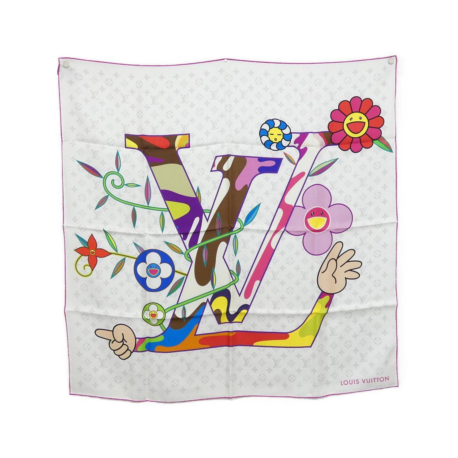 Louis Vuitton Scarf Silk: Louis Vuitton Scarf Silk Silk scarf from Louis Vuitton, featuring a crisp white color and a classic 90cm x 90cm size. The scarf shows some minor signs of usage, including a few scratches and dirt