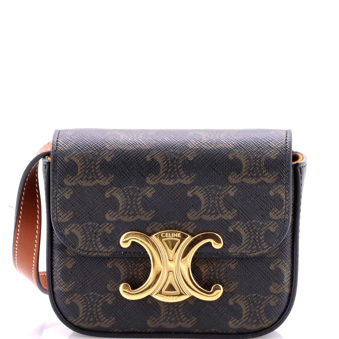 Shoulder Bag Triomphe Coated Mini Canvas: Shoulder Bag Triomphe Coated Mini Canvas The Triomphe Coated Mini Canvas shoulder bag boasts a rich brown exterior and interior, crafted from high-quality canvas coated materials. With its compact siz