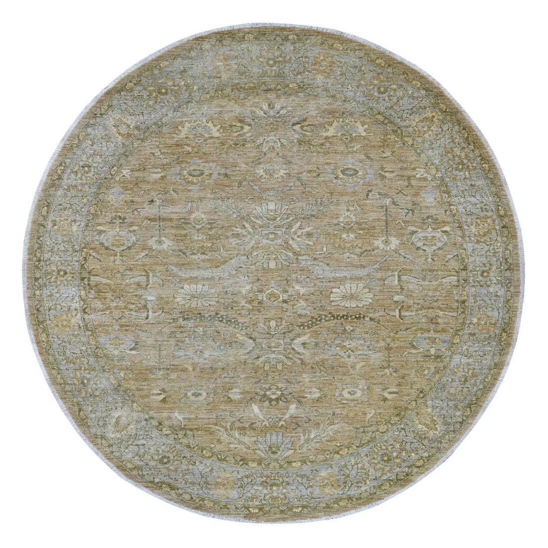 Round Brown Wool Hand Knotted with Heris Over All Peshawar Design 8x8: Round Brown Wool Hand Knotted with Heris Over All Peshawar Design 8x8 Round Brown Wool Hand Knotted with Heris Over All Peshawar Design 8x8 features a classic all-over regional design in rich brown