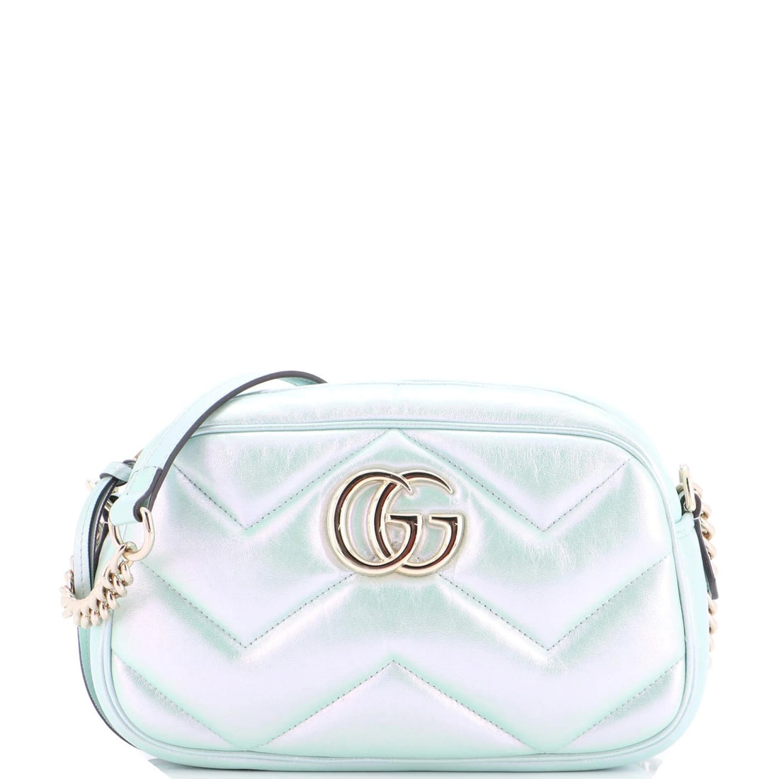 Gucci GG Marmont Chevron Iridescent Small Leather Bag: Gucci GG Marmont Chevron Iridescent Small Leather Bag Gucci's GG Marmont Chevron Iridescent Small Leather Bag boasts a striking green exterior with minor creases and scuffs, showcasing its excellent c