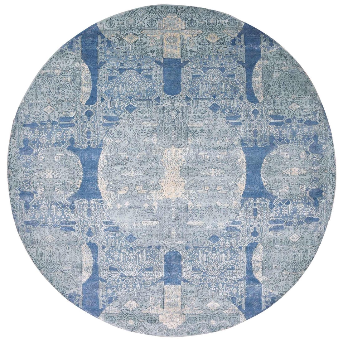 Blue Hand Knotted Jewellery Design Wool Silk Round Rug: Blue Hand Knotted Jewellery Design Wool Silk Round Rug Hand-knotted with precision and care, this stunning blue wool silk round rug boasts an intricate oriental design. Made from high-quality wool and
