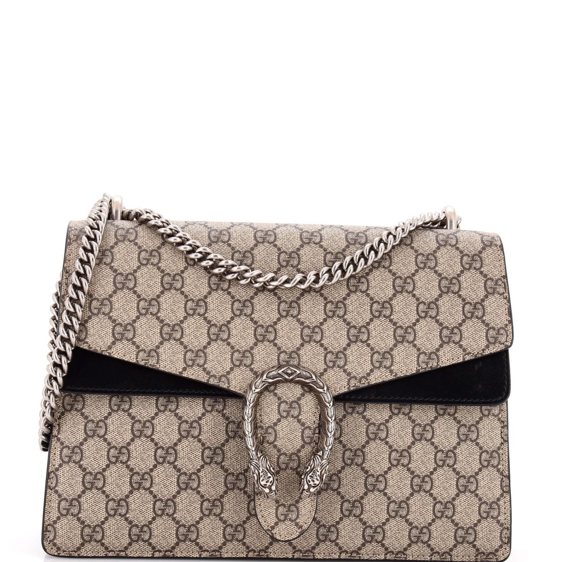 Gucci Bag Coated Canvas Dionysus Medium: Gucci Bag Coated Canvas Dionysus Medium The Gucci Bag Coated Canvas Dionysus Medium features a sleek black exterior with leather and GG coated canvas construction. Measuring 8" in handle drop and 11.5