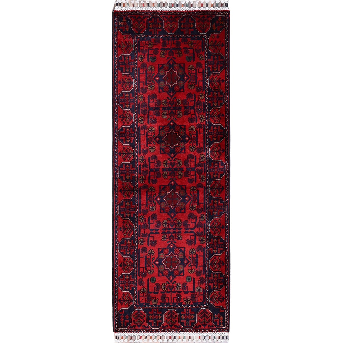 Afghan wool hand knotted red tribal design khamyab runner rug (1 of 7)