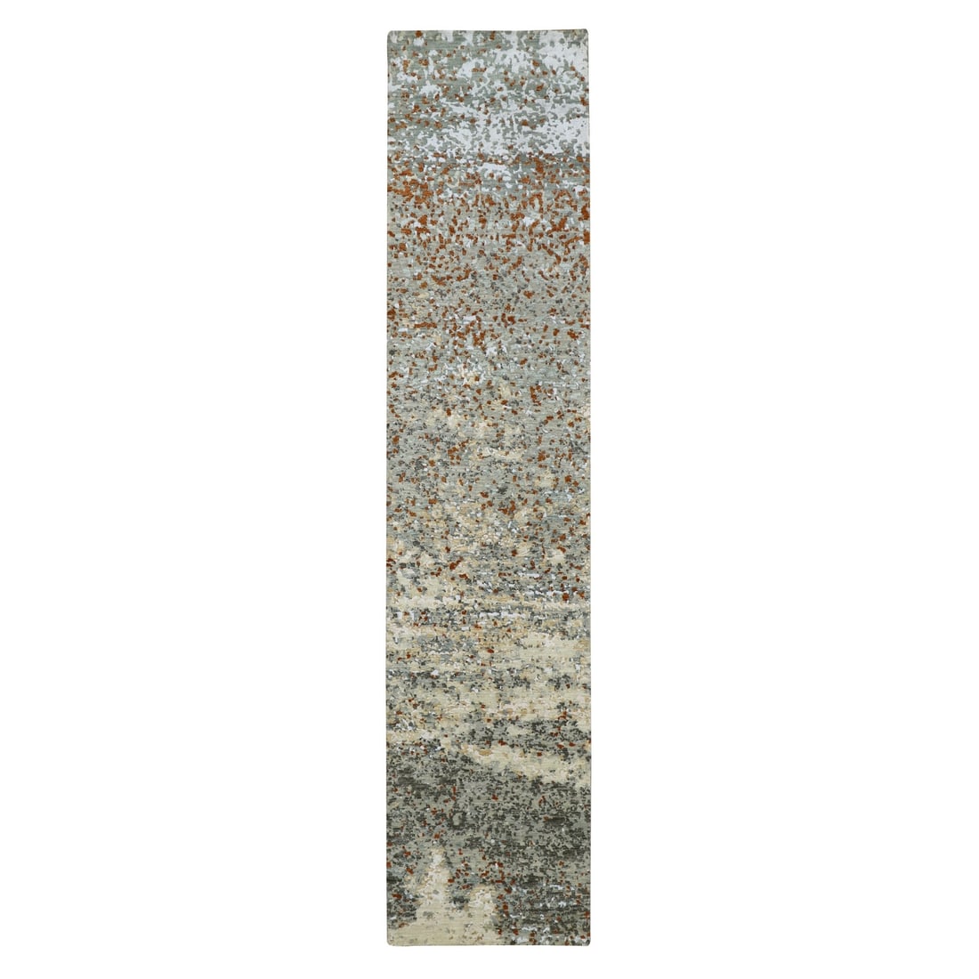 Rug gray wool hand knotted runner abstract design 27x121 with rust: Rug gray wool hand knotted runner abstract design 27x121 with rust The abstract design rug boasts a stunning grey wool hand-knotted runner with intricate rust accents, adding depth and visual interest