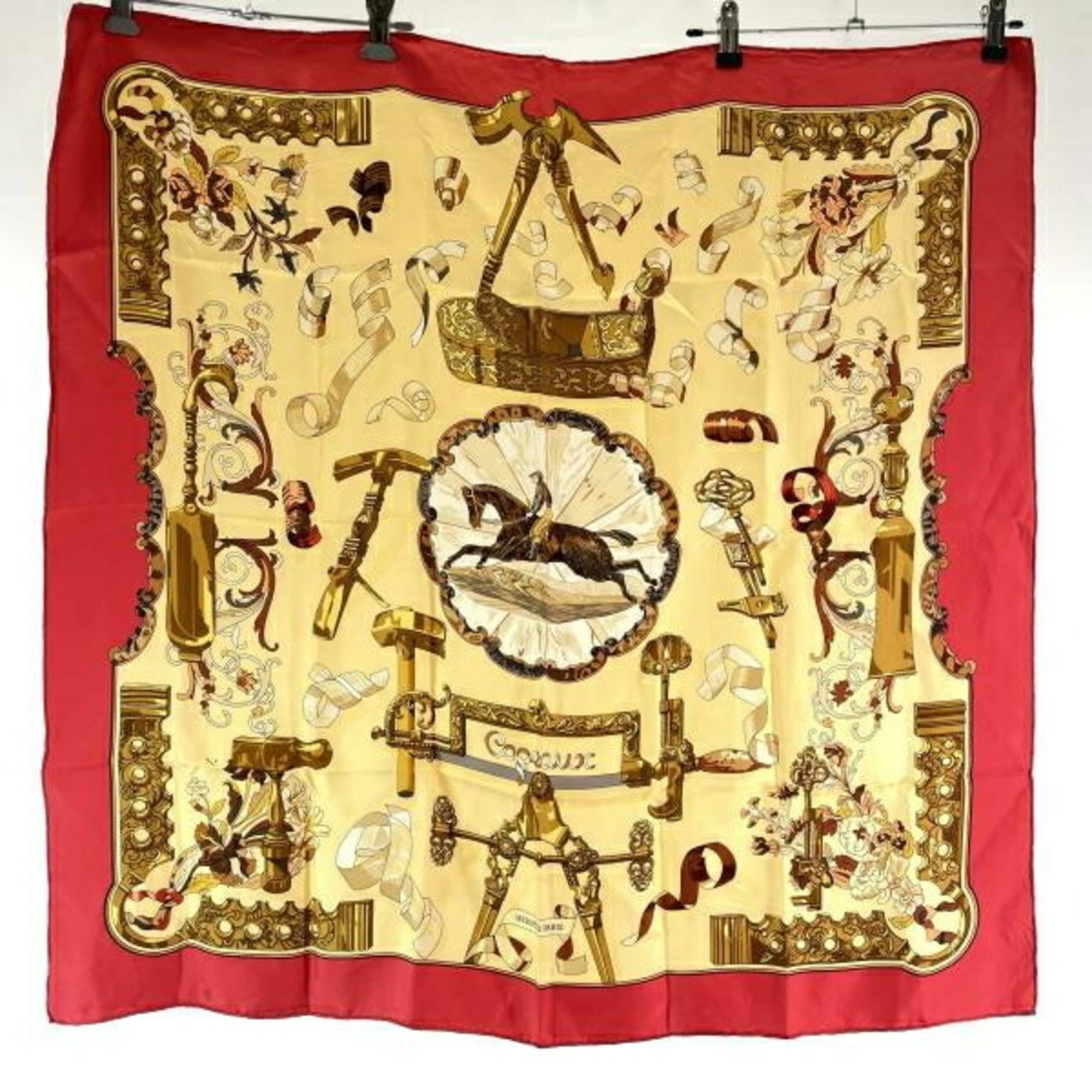 Hermes Scarf: Hermes Scarf Yellow Hermes Scarf for sale. This 88cm x 88cm scarf features a vibrant yellow color and has been used, with traces of usage and minor damages/dirt visible. Despite its condition, the sca