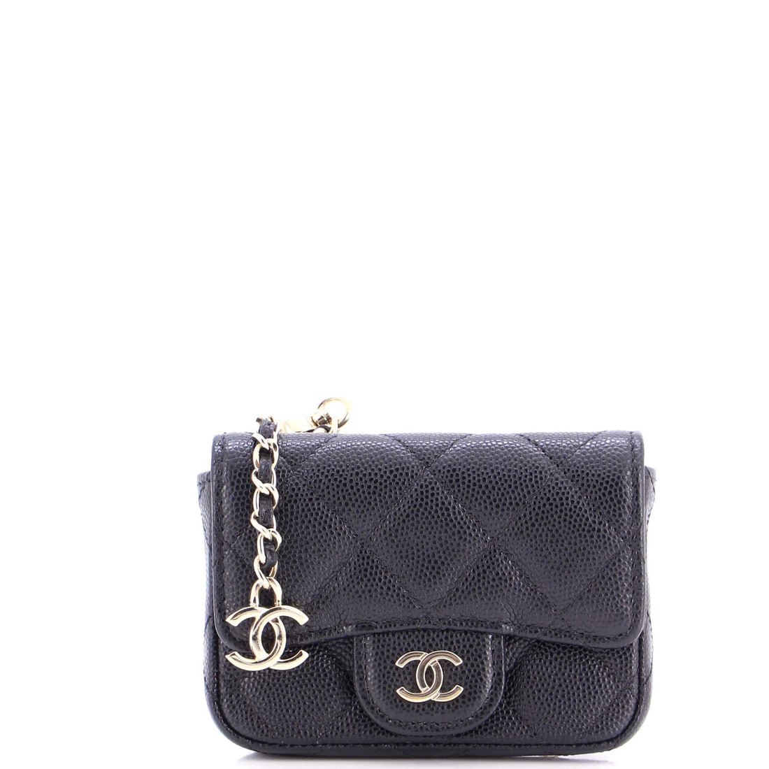 Chain belt bag quilted caviar mini Chanel classic flap: Chain belt bag quilted caviar mini Chanel classic flap Chain belt bag quilted caviar mini Chanel classic flap features a black leather exterior with minor scuffs and creases, gold tone hardware, and a