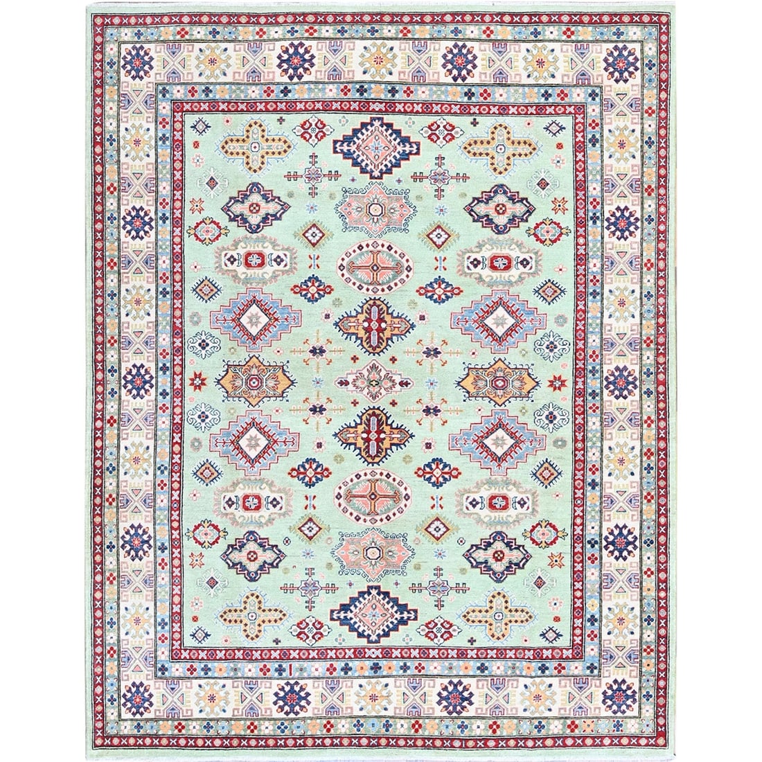 Strict Rule Use Only Words From Original Title Green Kazak Geometric Medallions Design Wool Hand: Strict Rule Use Only Words From Original Title Green Kazak Geometric Medallions Design Wool Hand This stunning Kazak-style wool rug boasts a striking green geometric medallion design, adding a pop of 