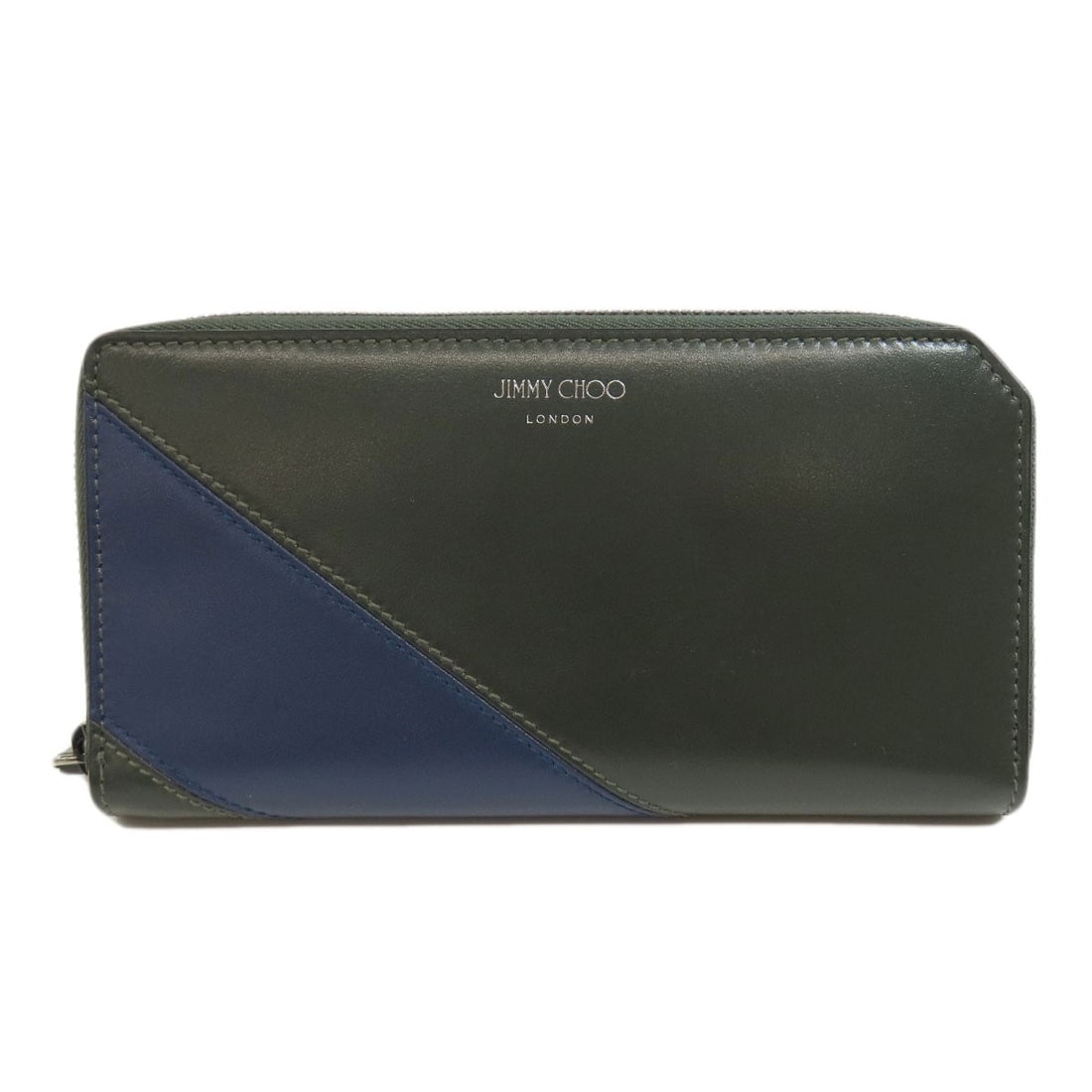 Long Wallet Leather With Coin Pocket Jimmy Choo Logo: Long Wallet Leather With Coin Pocket Jimmy Choo Logo Green and navy leather long wallet with coin pocket features Jimmy Choo logo. This stylish accessory boasts a classic design with a functional