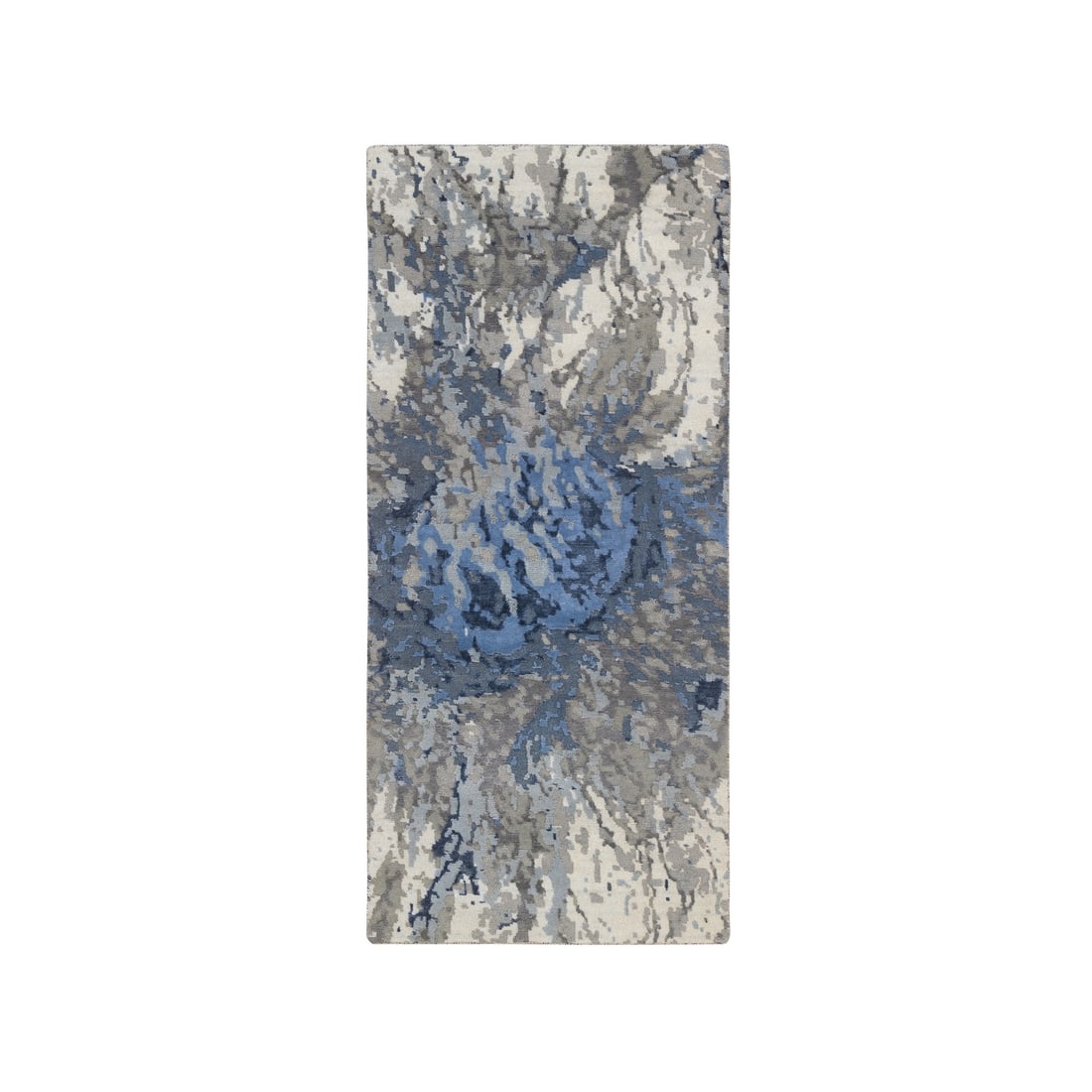 Blue Denim Wool and Silk Runner Oriental Rug: Blue Denim Wool and Silk Runner Oriental Rug Hand-knotted with wool and art silk, this stunning Blue Denim Oriental rug boasts an intricate regional design inspired by Indian country. Its vibrant
