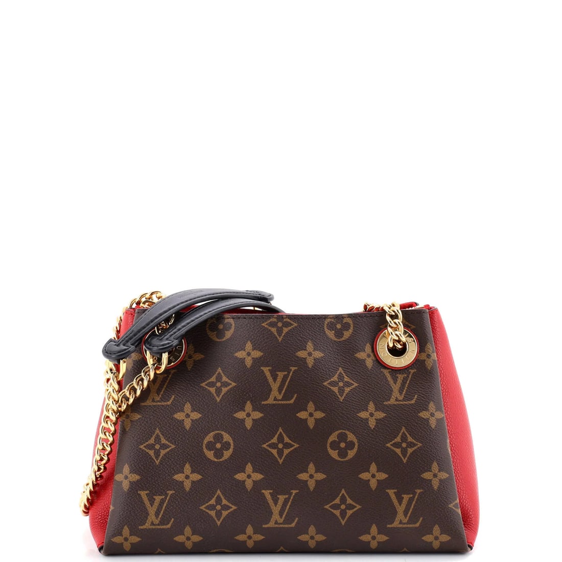 Monogram Canvas BB with Leather Vuitton Handbag Surene: Monogram Canvas BB with Leather Vuitton Handbag Surene The Louis Vuitton Monogram Canvas BB with Leather Vuitton Handbag Surene features a striking red exterior with scuffs and edge wear, adding a tou