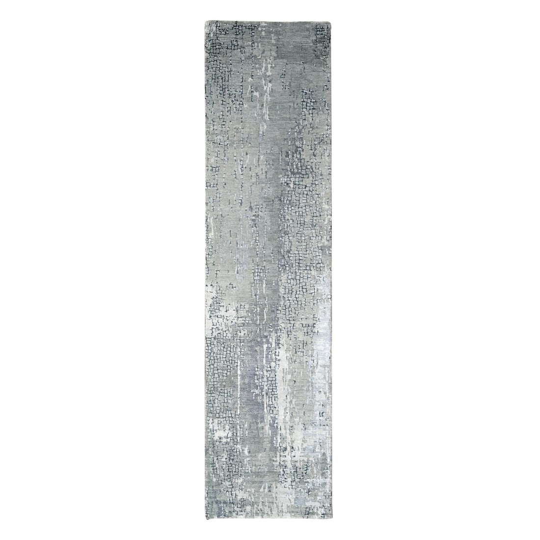 Hand knotted lava gray wool silk abstract design runner rug 2x9: Hand knotted lava gray wool silk abstract design runner rug 2x9 Hand-knotted with wool and silk, this stunning abstract design runner rug boasts a rich lava gray color palette. Featuring an intricate 