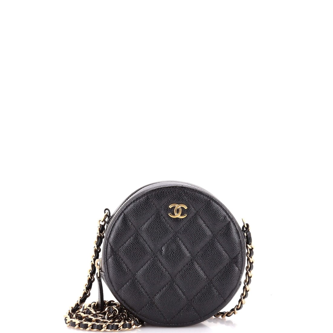 Chanel Caviar Quilted Round Chain Mini Clutch: Chanel Caviar Quilted Round Chain Mini Clutch The Chanel Caviar Quilted Round Chain Mini Clutch boasts a sleek black exterior with quilted caviar detailing, adding a touch of sophistication to any out