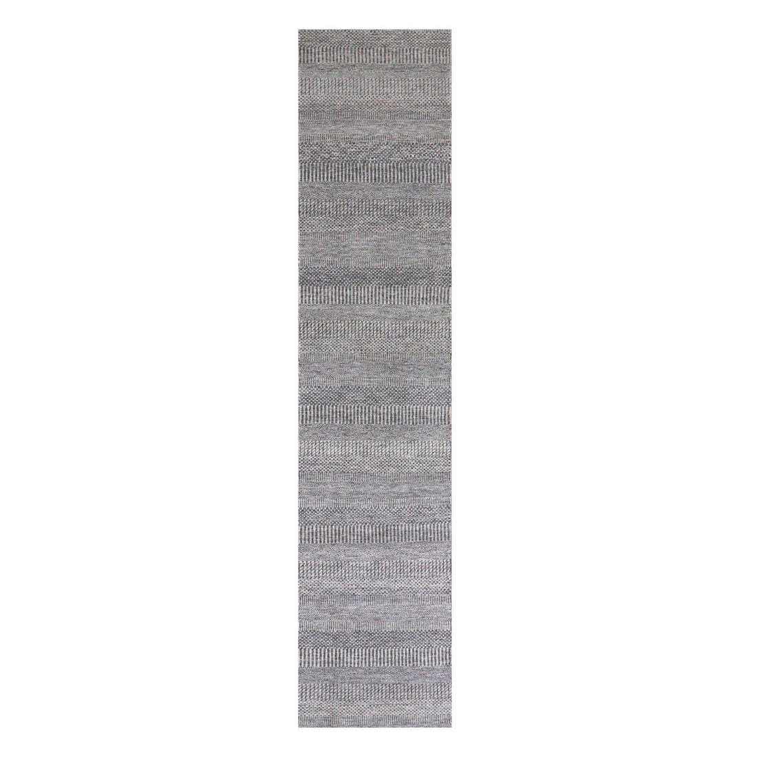 Hand Knotted Undyed Wool Gray XL 25 X 1510 Rug: Hand Knotted Undyed Wool Gray XL 25 X 1510 Rug This stunning hand-knotted wool rug boasts an undyed gray hue and intricate oriental design, characteristic of Indian craftsmanship. Measuring 25" x 1510