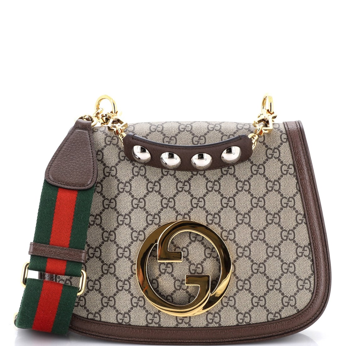 GG Coated Canvas Medium Blondie NM Top Handle Bag Gucci: GG Coated Canvas Medium Blondie NM Top Handle Bag Gucci The GG Coated Canvas Medium Blondie NM Top Handle Bag Gucci boasts a rich brown exterior with subtle scuffs and edge wear, giving it a well-love