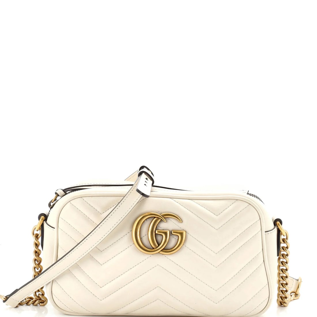 Matelasse Leather Small Shoulders Bag Gucci GG Marmont: Matelasse Leather Small Shoulders Bag Gucci GG Marmont Small and stylish, this Gucci GG Marmont Matelasse Leather Cross Body Bag features neutral white exterior with heavy creases throughout, scuffs, 