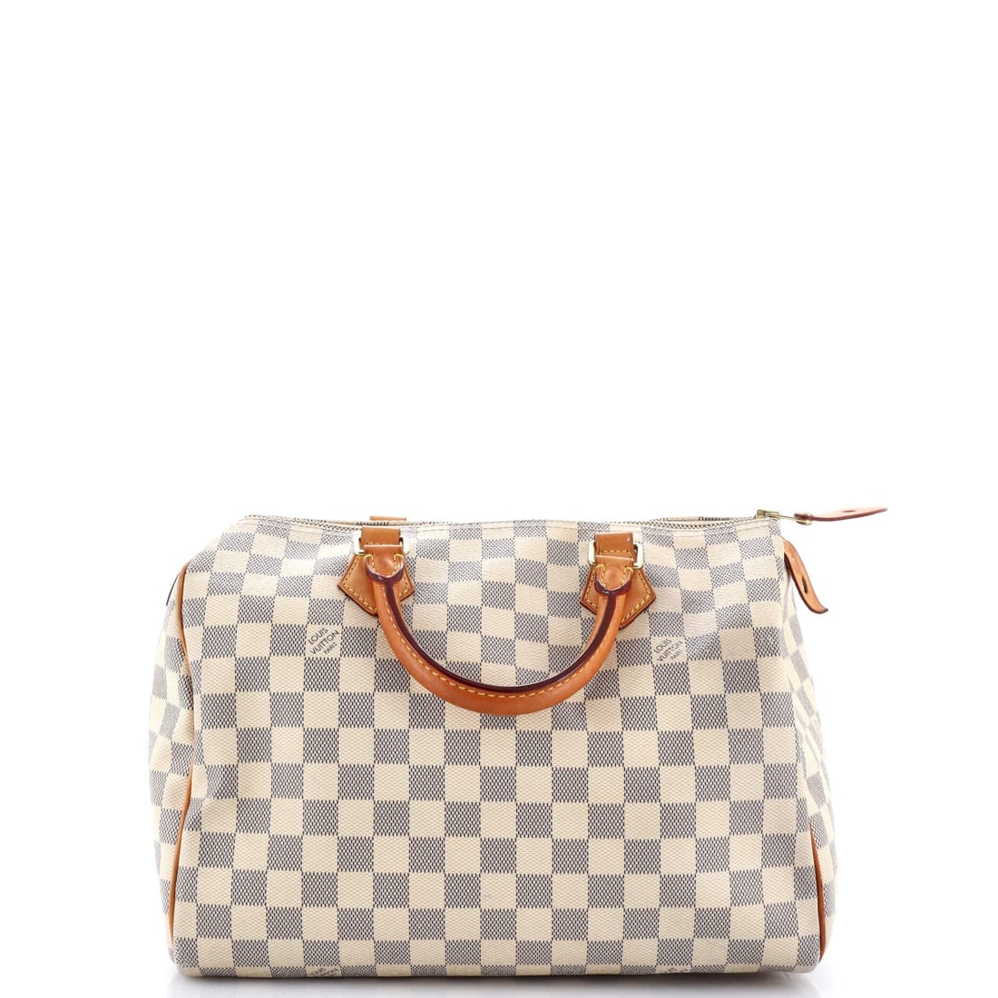 Speedy Handbag Damier 30 Louis: Speedy Handbag Damier 30 Louis The Speedy Handbag Damier 30 Louis Vuitton features a classic design with a canvas-coated exterior in white, adorned with iconic Damier patterns. Measuring 9" tall and