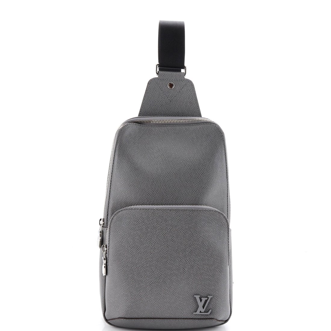 Leather Taiga Sling Bag: Leather Taiga Sling Bag The Louis Vuitton Avenue Sling Bag Taiga in gray leather offers a sleek and versatile cross-body design. Measuring 12" tall, 7.5" wide, and 2" deep, this bag features a sturdy 
