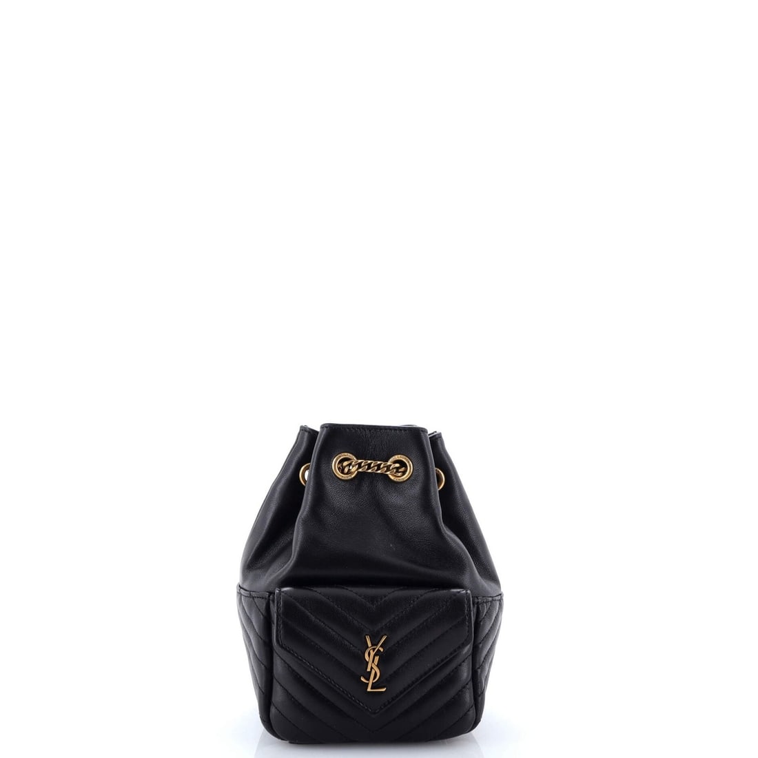 Chevron Leather Mini Bag: Chevron Leather Mini Bag The Saint Laurent Joe Bucket Bag boasts a striking chevron leather exterior in black, adding a touch of edgy sophistication to any outfit. With its compact mini size and versa