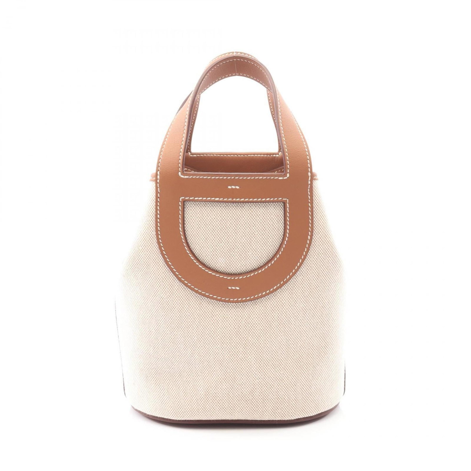 Hermes Handbag Canvas Leather: Hermes Handbag Canvas Leather Canvas and leather combine in this unique Hermes handbag design. The beige and brown Swift Leather Toile H pattern adds a touch of elegance to the overall look. Measuring