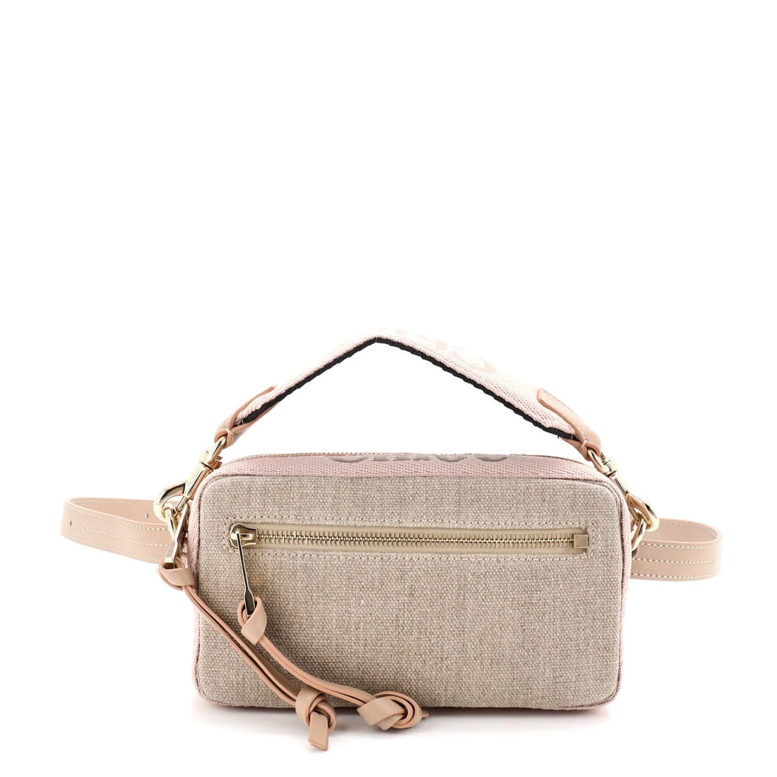 Chloe canvas belt bag convertibles with leather: Chloe canvas belt bag convertibles with leather Canvas and leather come together in this convertible belt bag from Chloe. With its neutral exterior color and gold tone hardware, this stylish accessory