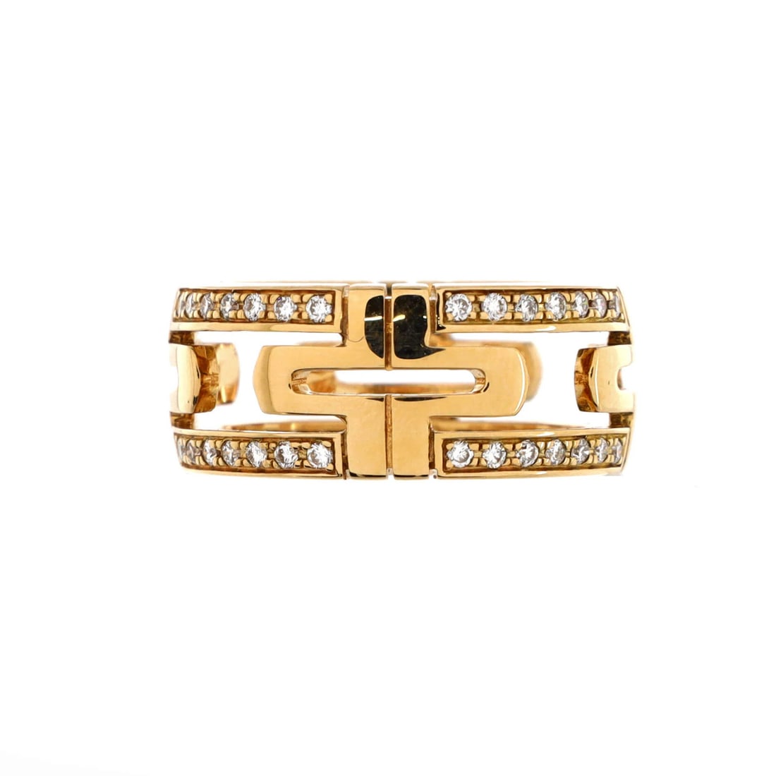 Strict rules apply for use of only strict words from original title: Strict rules apply for use of only strict words from original title Parentesi Band Ring in 18K Yellow Gold and Diamonds. This exquisite ring boasts an 8mm band adorned with diamonds, set against an 18