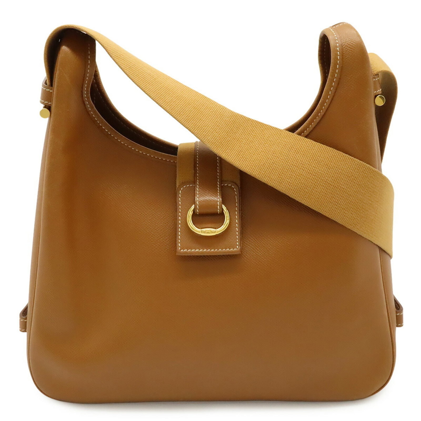 Hermes Shoulder Bag Courchevel Leather: Hermes Shoulder Bag Courchevel Leather Used Hermes Shoulder Bag in Courchevel Leather, with traces of usage and minor scratches. The bag's brown color remains intact despite its worn condition. Measur
