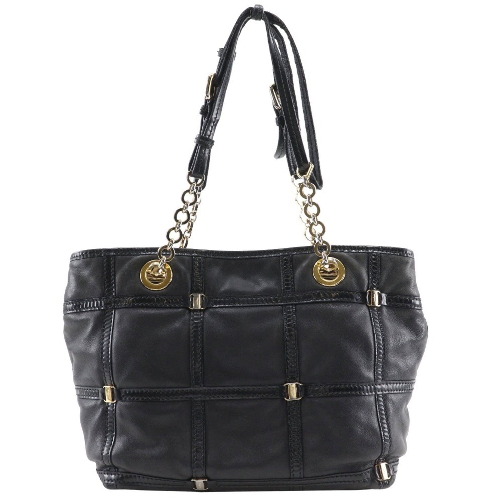 Salvatore Ferragamo Tote Bag Leather: Salvatore Ferragamo Tote Bag Leather The Salvatore Ferragamo tote bag in black leather features a sleek design with an enamel finish and a sturdy magnet closure. Measuring 21cm x 24cm x 14cm, this ver