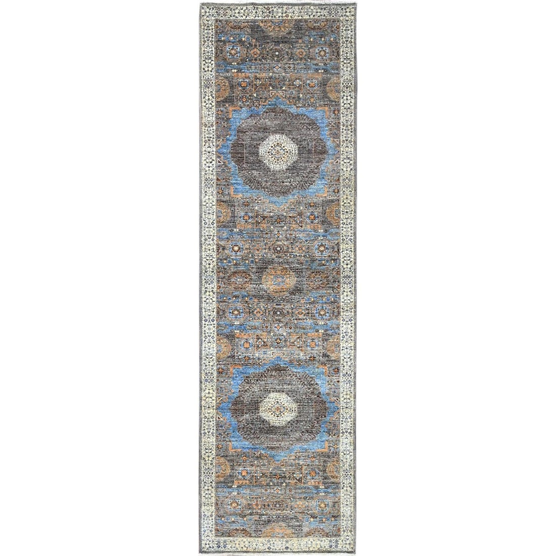 Hand knotted gray rug dynasty oriental runner mamluk kpsi 229x910: Hand knotted gray rug dynasty oriental runner mamluk kpsi 229x910 The Mamluk gray rug boasts a stunning flatweave design, featuring an intricate regional pattern in shades of brown, light blue, beige,