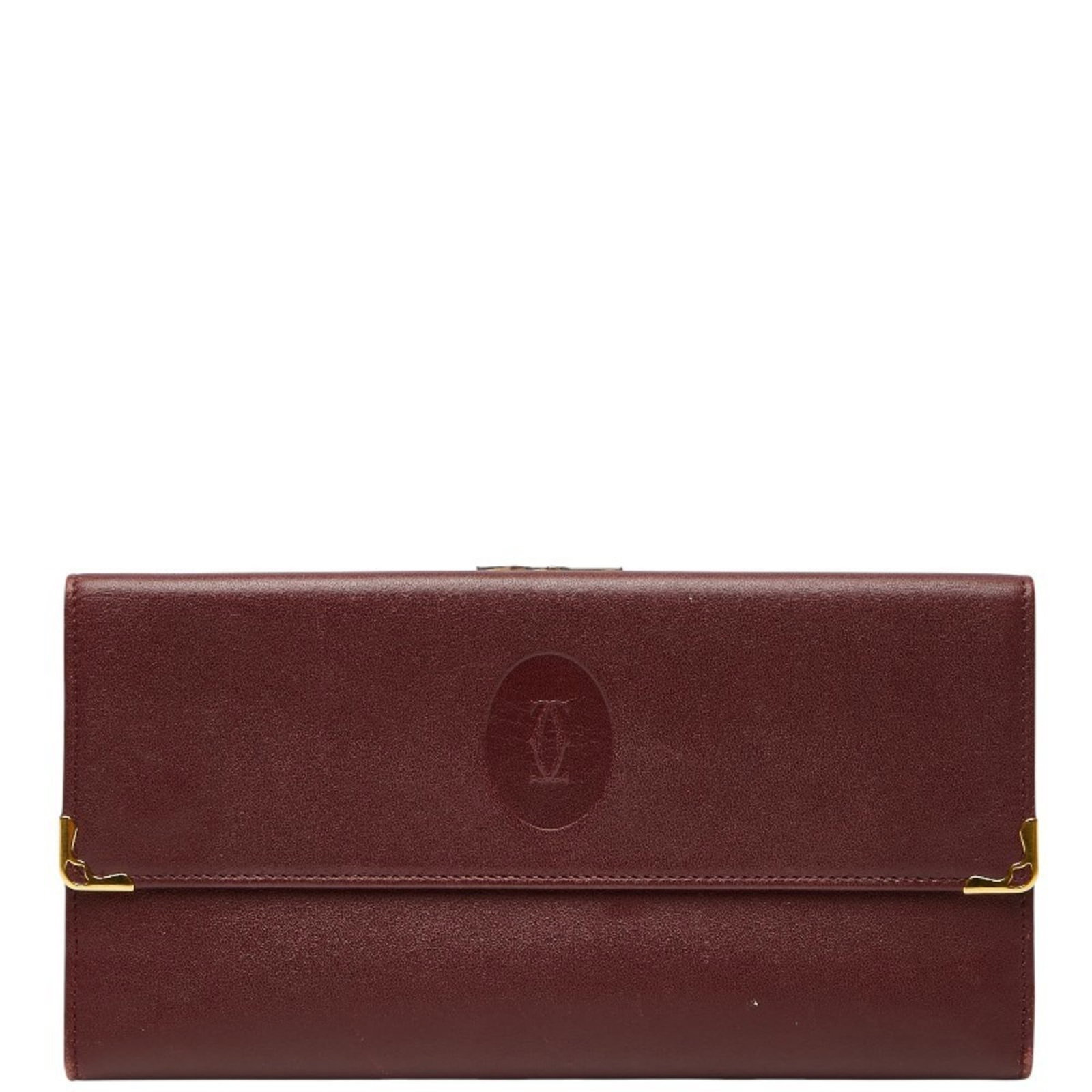 Cartier Long Wallet (Bi-Fold) Leather: Cartier Long Wallet (Bi-Fold) Leather Cartier's iconic bi-fold design is showcased in this elegant long wallet, crafted from rich wine red leather. The subtle signs of usage add to its worn charm, giv