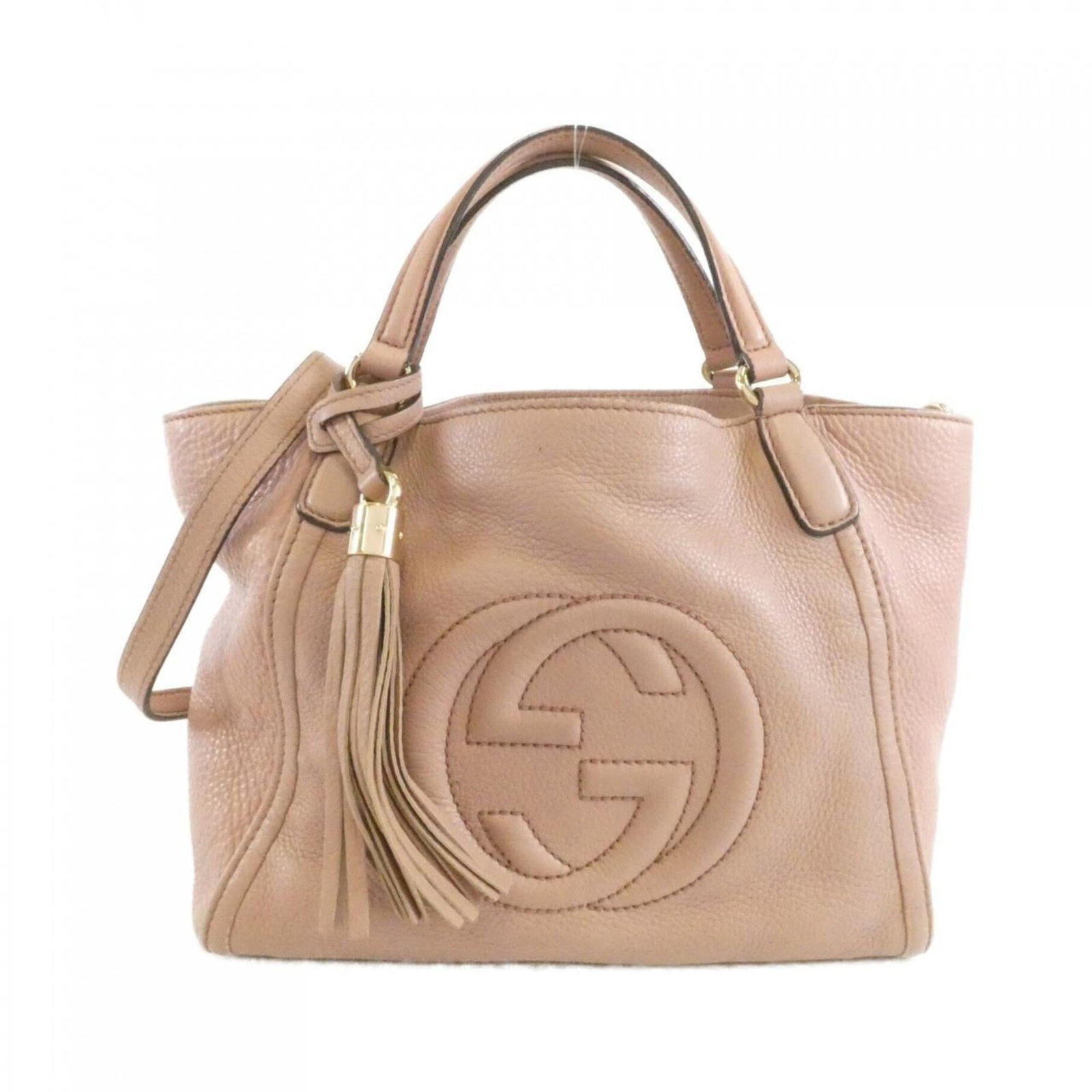 Gucci Handbag Leather: Gucci Handbag Leather This light pink Gucci handbag features high-quality leather construction and a classic design. With its 23cm x 26cm x 12cm dimensions, it's perfect for everyday use. Despite bein
