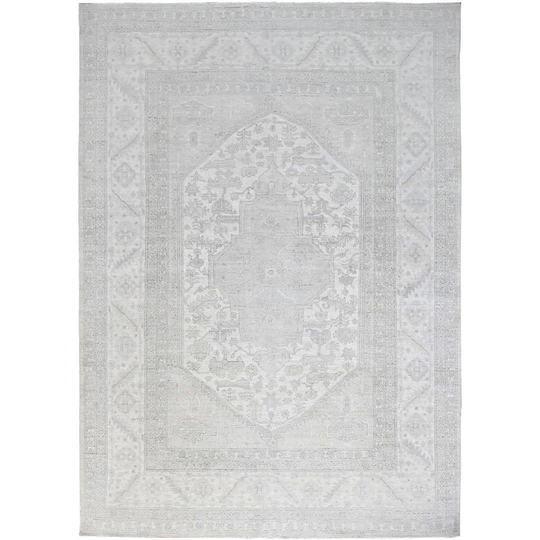 Promenade Hand Knotted Afghan Geometric Wool White 10x13 7: Promenade Hand Knotted Afghan Geometric Wool White 10x13 7 This stunning hand-knotted wool Afghan rug boasts an intricate geometric pattern in ivory and gray hues, adding a touch of elegance to any