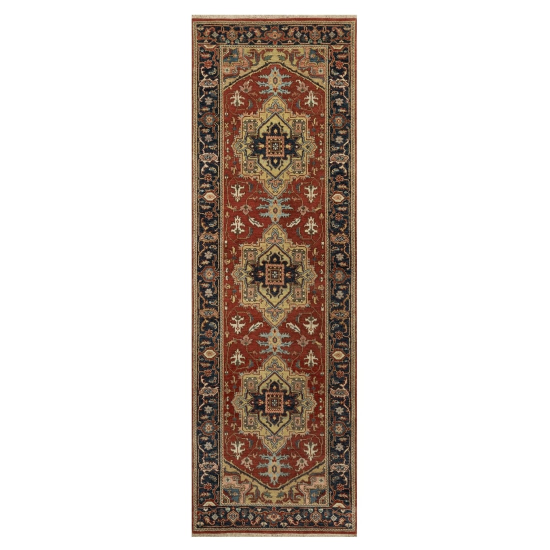Ruby Red Hand Knotted Rug Heris Revival New Zealand Wool Runner 26x86: Ruby Red Hand Knotted Rug Heris Revival New Zealand Wool Runner 26x86 Hand-knotted with precision and passion, this stunning Ruby Red Heris Revival rug boasts an intricate Oriental design in rich,