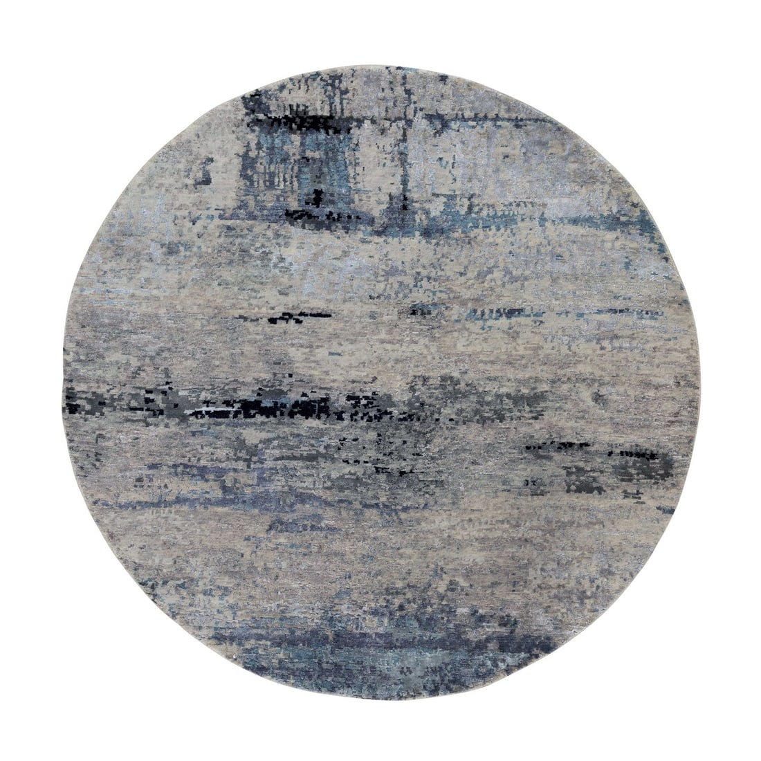 Silver Blue Wool Silk Hand Knotted High Low Pile Rug: Silver Blue Wool Silk Hand Knotted High Low Pile Rug Made from luxurious wool and silk, this stunning silver blue hand-knotted rug boasts an abstract design inspired by Indian country patterns. With i