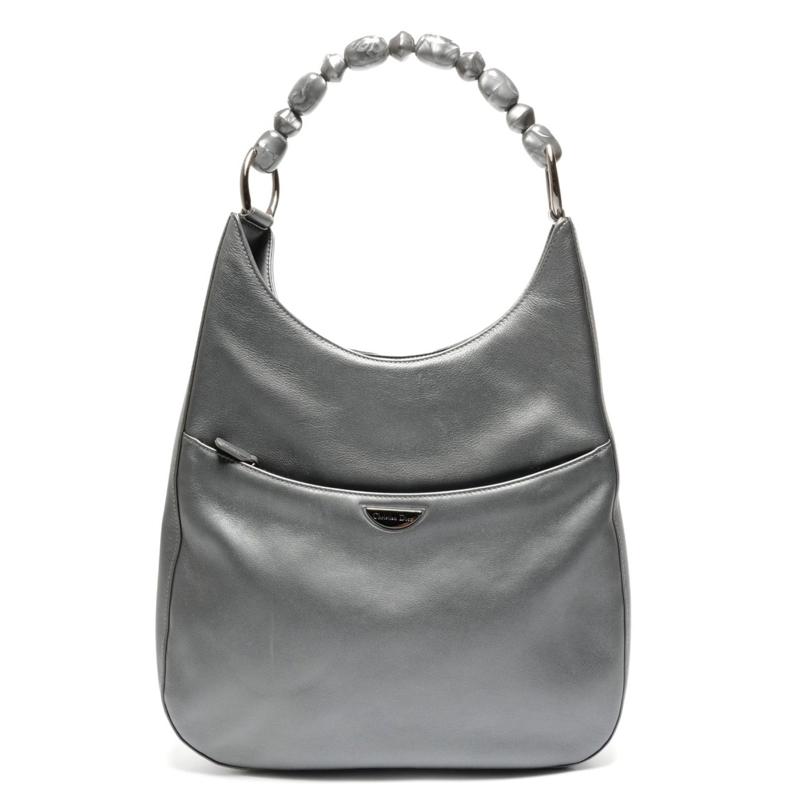 Christian Dior Shoulder Bag Leather: Christian Dior Shoulder Bag Leather The Christian Dior shoulder bag features high-quality leather in a timeless gray color. With its classic design and sturdy construction, this bag has been well-love