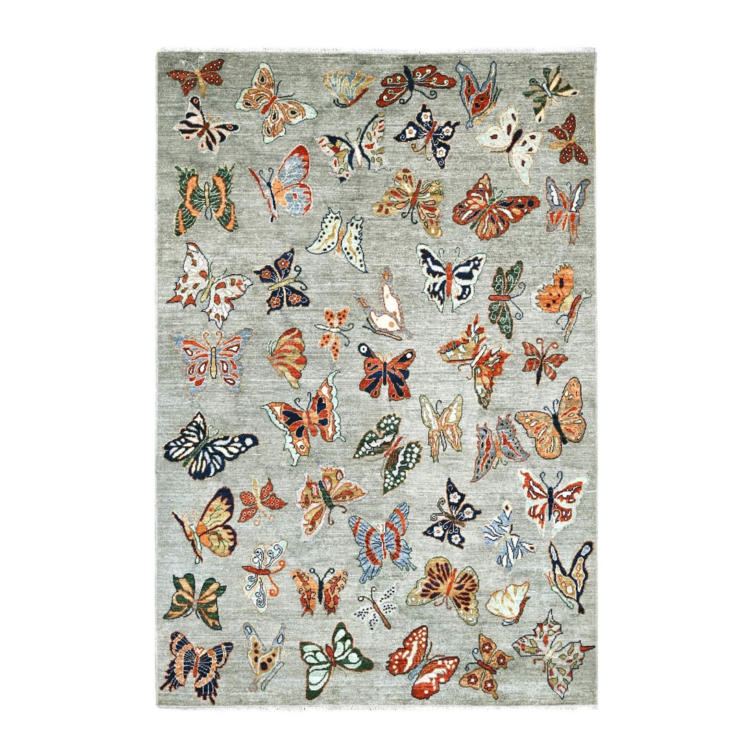 Peshawar Butterfly Design Light Gray Hand Knotted Soft Wool 5'10" x 8'8: Peshawar Butterfly Design Light Gray Hand Knotted Soft Wool 5'10" x 8'8 Soft and elegant, this Peshawar-style hand-knotted wool rug boasts a beautiful light gray color with an intricate animal print d