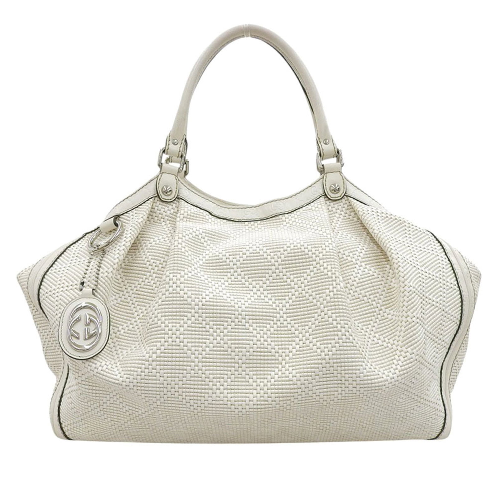 Gucci Handbag Leather: Gucci Handbag Leather This Gucci handbag features high-quality white leather with visible scratches and dirt, giving it a worn-in look. Measuring 38cm x 42cm x 15cm, it has a classic design that still