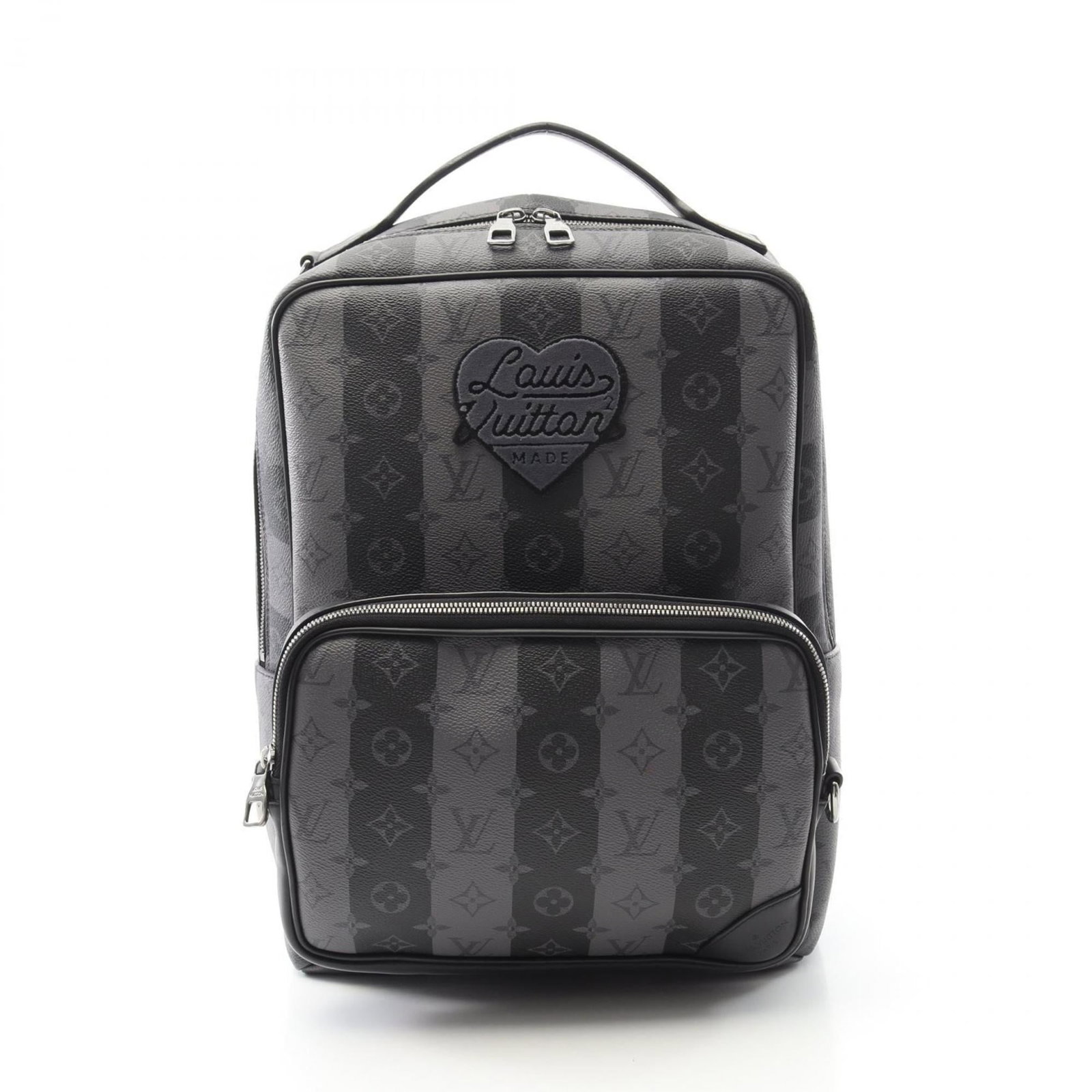 Louis Vuitton Backpack Coated Canvas: Louis Vuitton Backpack Coated Canvas Used Louis Vuitton Backpack Coated Canvas in black and gray, featuring a classic design with a few traces of usage visible. The item has some scratches and dirt, b