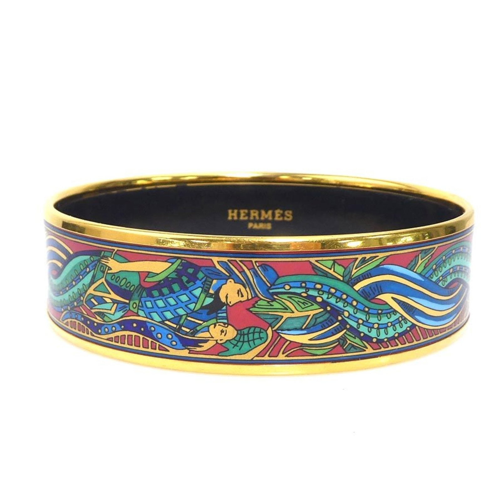Hermes Bangle Enamel Metal: Hermes Bangle Enamel Metal Gold and multi-color enamel metal bangle from Hermes, with a length of 19cm and width of 1.8cm, bearing traces of usage and minor scratches. This used item in good condition