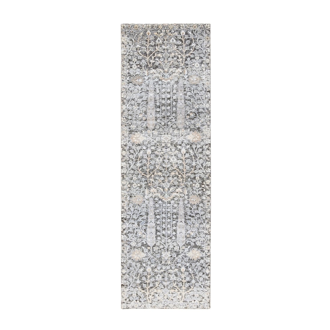 Willow Cypress Silver Hand Knotted Rug Silk Wool 27x83: Willow Cypress Silver Hand Knotted Rug Silk Wool 27x83 Hand-knotted with wool and silk, this stunning Oriental-style runner rug boasts an intricate design in rich black and ivory brown hues. Measuring