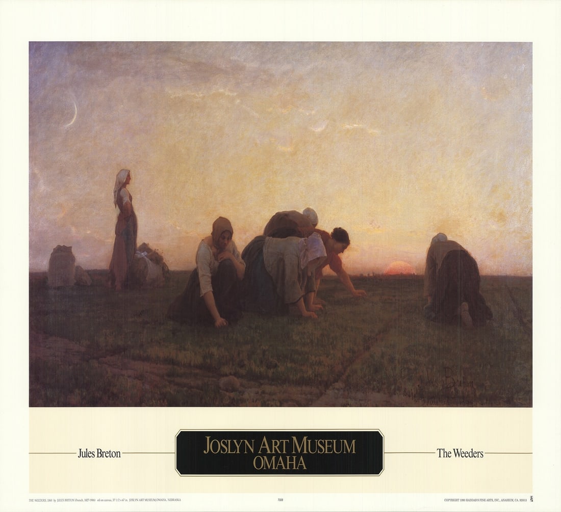 STRICT RULES USE ONLY WORDS FROM ORIGINAL TITLE REMOVE DETERMINERS DEMONSTRATIVES CONJUNCTIONS: STRICT RULES USE ONLY WORDS FROM ORIGINAL TITLE REMOVE DETERMINERS DEMONSTRATIVES CONJUNCTIONS The Weeders is a striking landscape offset lithograph created in 1990 by Jules Breton. Measuring 20 x