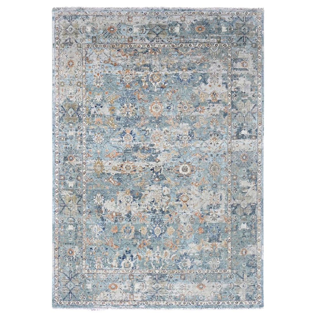 Blue Abrash Pure Hand Knotted Wool Zoroastrian Rug 818: Blue Abrash Pure Hand Knotted Wool Zoroastrian Rug 818 Grey Blue Abrash Pure Hand Knotted Wool Zoroastrian Rug 818 features an intricate Oriental Regional Design in Indian style. Made from high-qualit