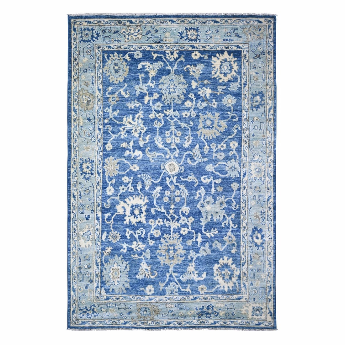 Steel Blue Soft Wool Afghan Oushak Hand Knotted Rug 5'8" x 9: Steel Blue Soft Wool Afghan Oushak Hand Knotted Rug 5'8" x 9 Steel Blue Soft Wool Afghan Oushak Hand Knotted Rug stands out with its vibrant blue hue and intricate hand-knotted design, characteristic 