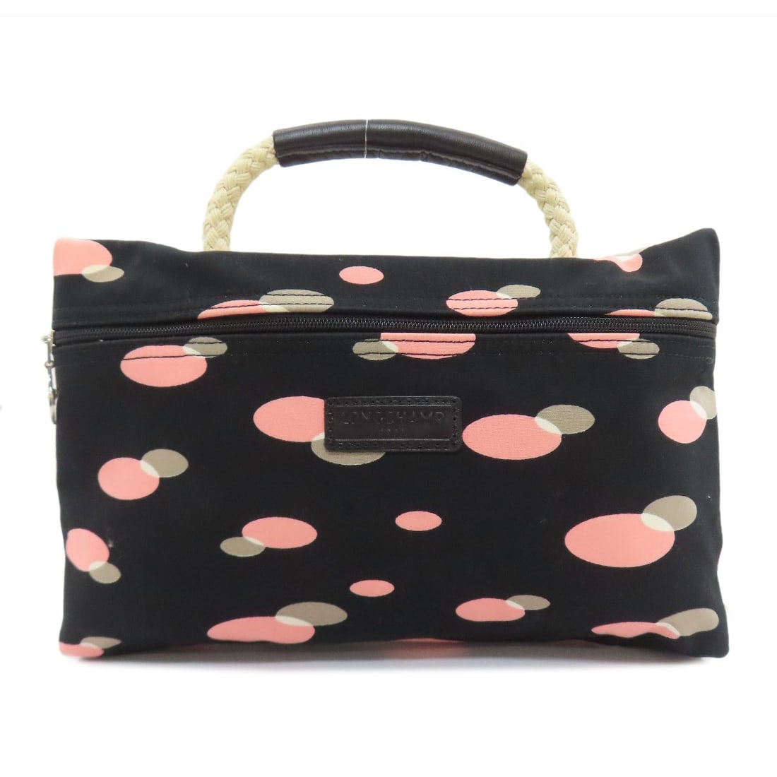 Canvas mini pouch with handle handbag: Canvas mini pouch with handle handbag Canvas mini pouch with handle handbag features a black exterior, pink accents, and beige tones. This Longchamp-style handbag boasts a canvas material and comes
