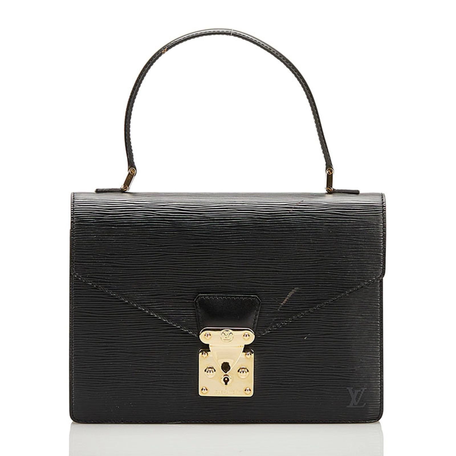 Louis Vuitton Handbag Leather: Louis Vuitton Handbag Leather Black Louis Vuitton Handbag Leather for Sale. This pre-owned black leather handbag from Louis Vuitton features a classic design with a 19.5cm x 27cm x 4cm size and a time