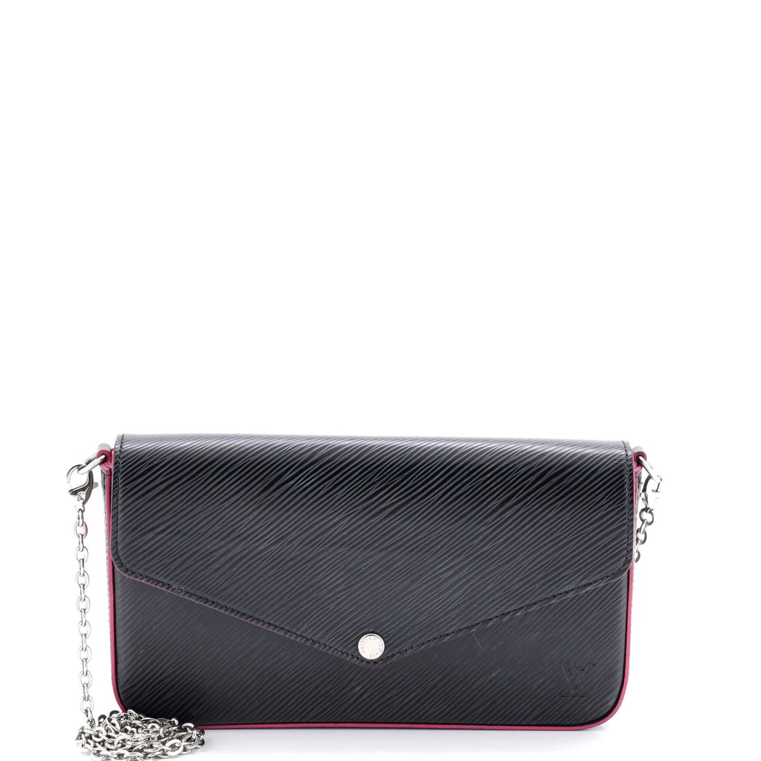 Felicie Pochette by Louis Vuitton: Felicie Pochette by Louis Vuitton The Felicie Pochette by Louis Vuitton boasts sleek black leather exterior with subtle scuffs and minor corner wear. This stylish cross-body bag features a silver-tone