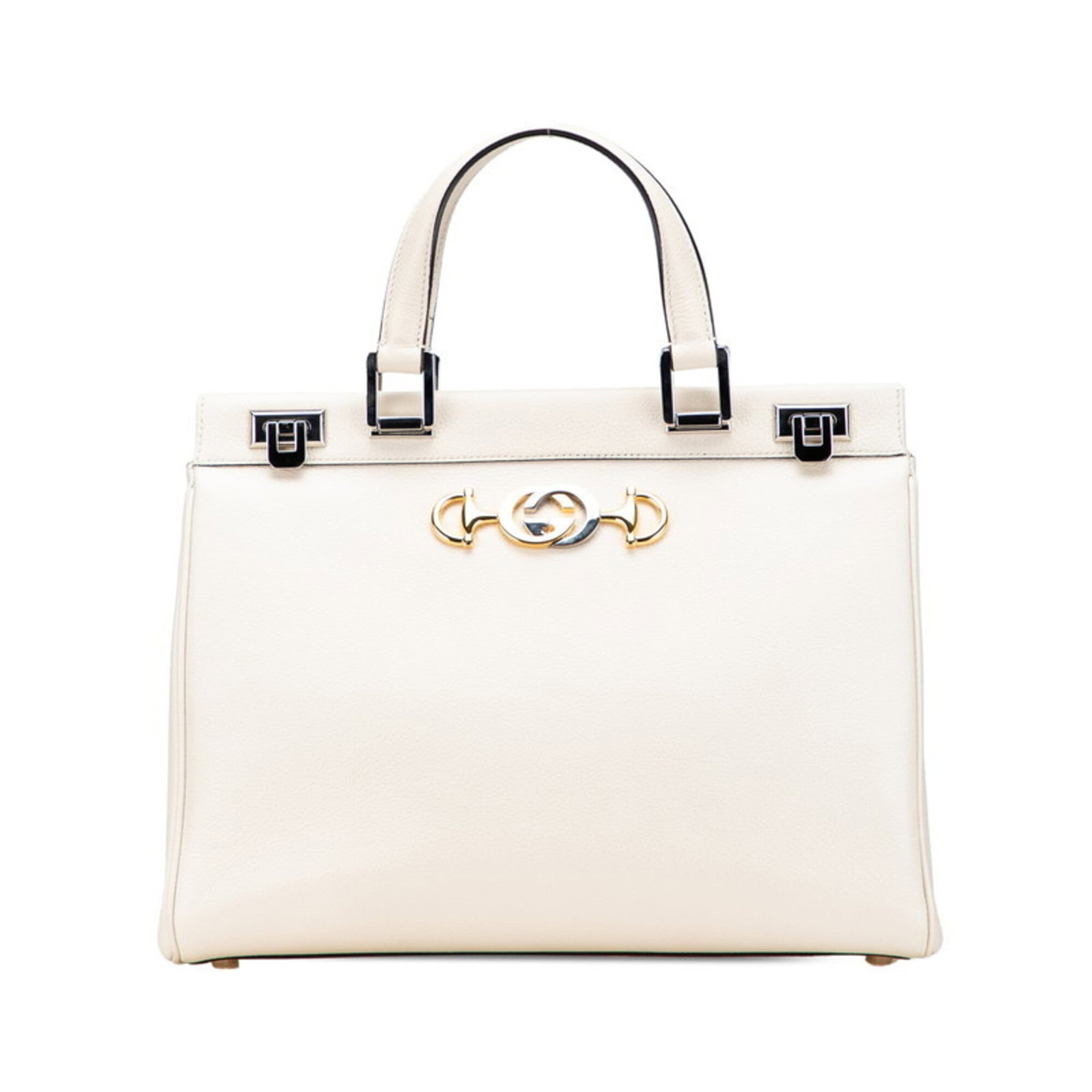 Gucci Handbag Leather: Gucci Handbag Leather White Gucci handbag made from high-quality leather, featuring a classic design with subtle scratches and signs of usage. The bag measures 26.5cm x 34cm x 12cm in size, making it