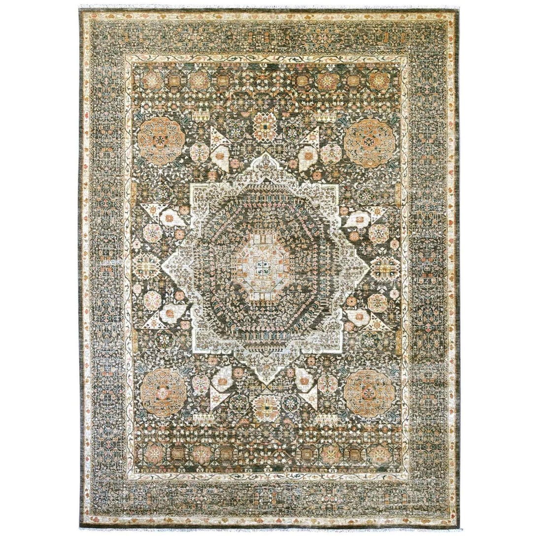 Mamluk Dynasty Pattern Hand Knotted Wool Dim Gray 14th Century Rug: Mamluk Dynasty Pattern Hand Knotted Wool Dim Gray 14th Century Rug The Mamluk Dynasty Pattern Hand Knotted Wool Dim Gray Rug features a stunning medallion design in a rich grey color on a cotton